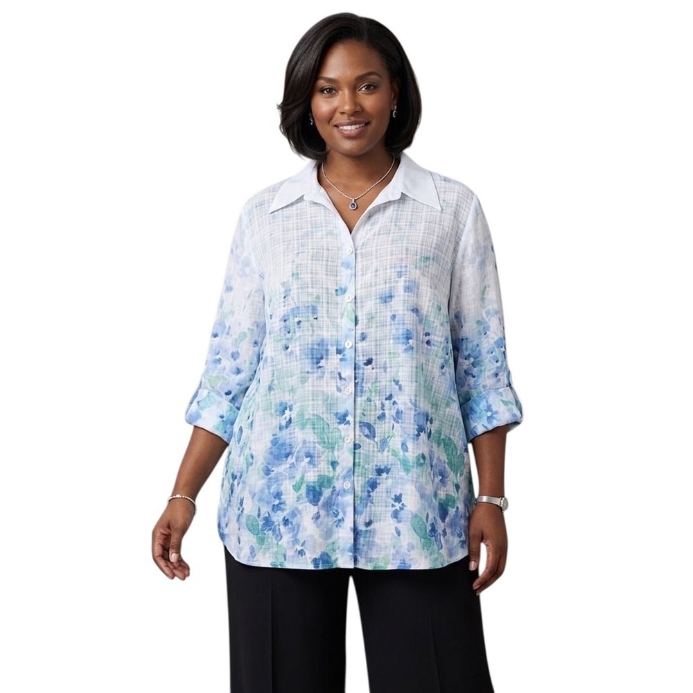 Alfred Dunner Womens XL Blue‎ Watercolor Floral Grid Button Up 3/4 Sleeve Blouse